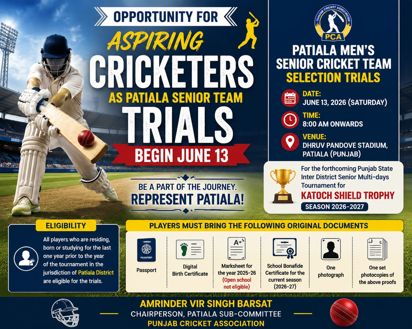 Opportunity for Aspiring Cricketers as Patiala Senior Team Trials Begin June 13